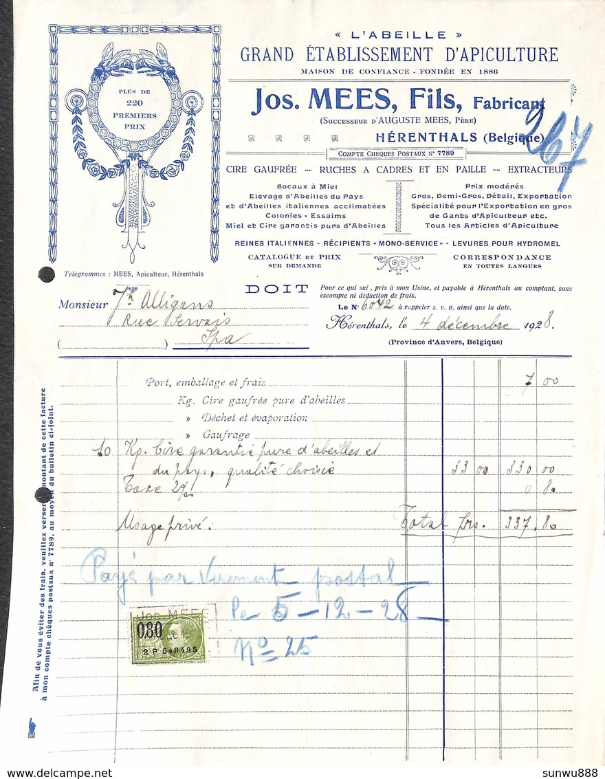 Herentals Herenthals - L'Abeille - Etablissement D'Apiculture Jos. Mees Fils (Illustré, Timbre, 1928) - 1900 – 1949