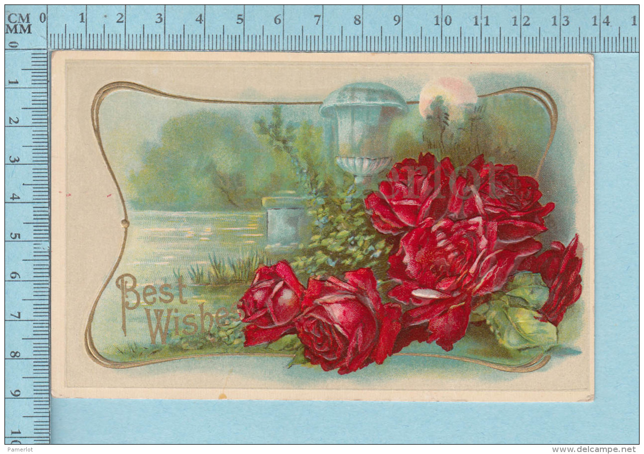 Fleurs Roses - Good Wish , Embossée, Fini Reluisant, CPA Cir 1910 - Fleurs