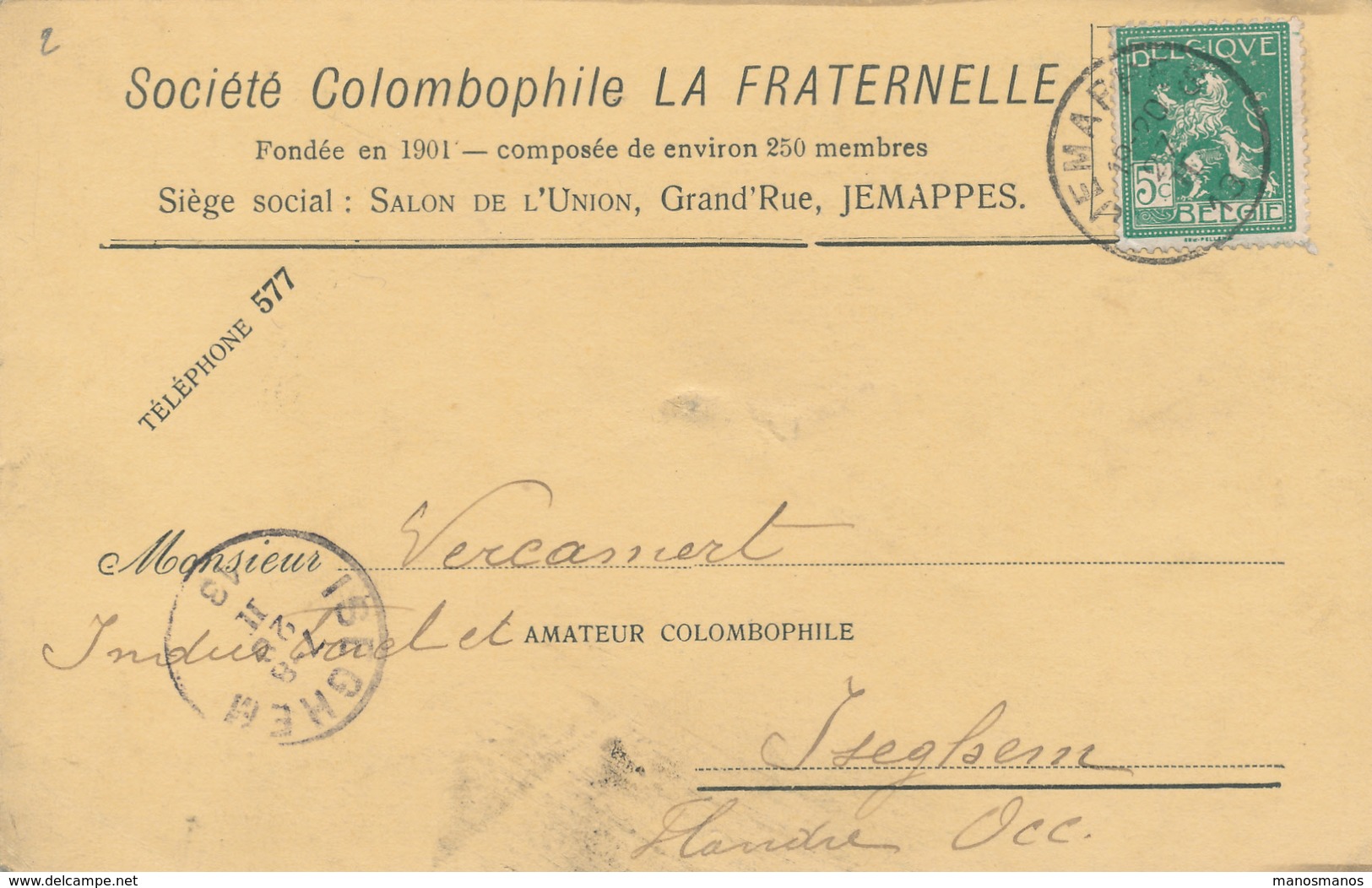 029/27 -  PIGEONS COLOMBOPHILIE BELGIQUE -  Carte Société La Fraternelle à JEMAPPES - TP Pellens 1913 Vers ISEGHEM - Pigeons & Columbiformes