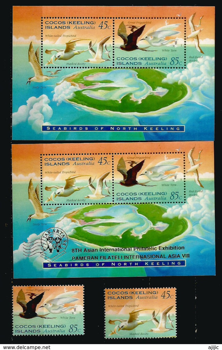 Oiseaux De Mer à L'île Cocos (Grande Frégate,etc), 2 Blocs-feuillets + Série Neufs **, Inclus B-F Surchargé Jakarta 95 - Cocos (Keeling) Islands