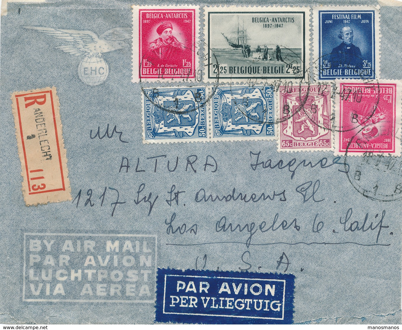039/27 - BELGIQUE ANTARCTIQUE - Lettre TP De Gerlache Et Belgica - Recommandée Avion ANDERLECHT 1947 Vers USA - Explorateurs & Célébrités Polaires