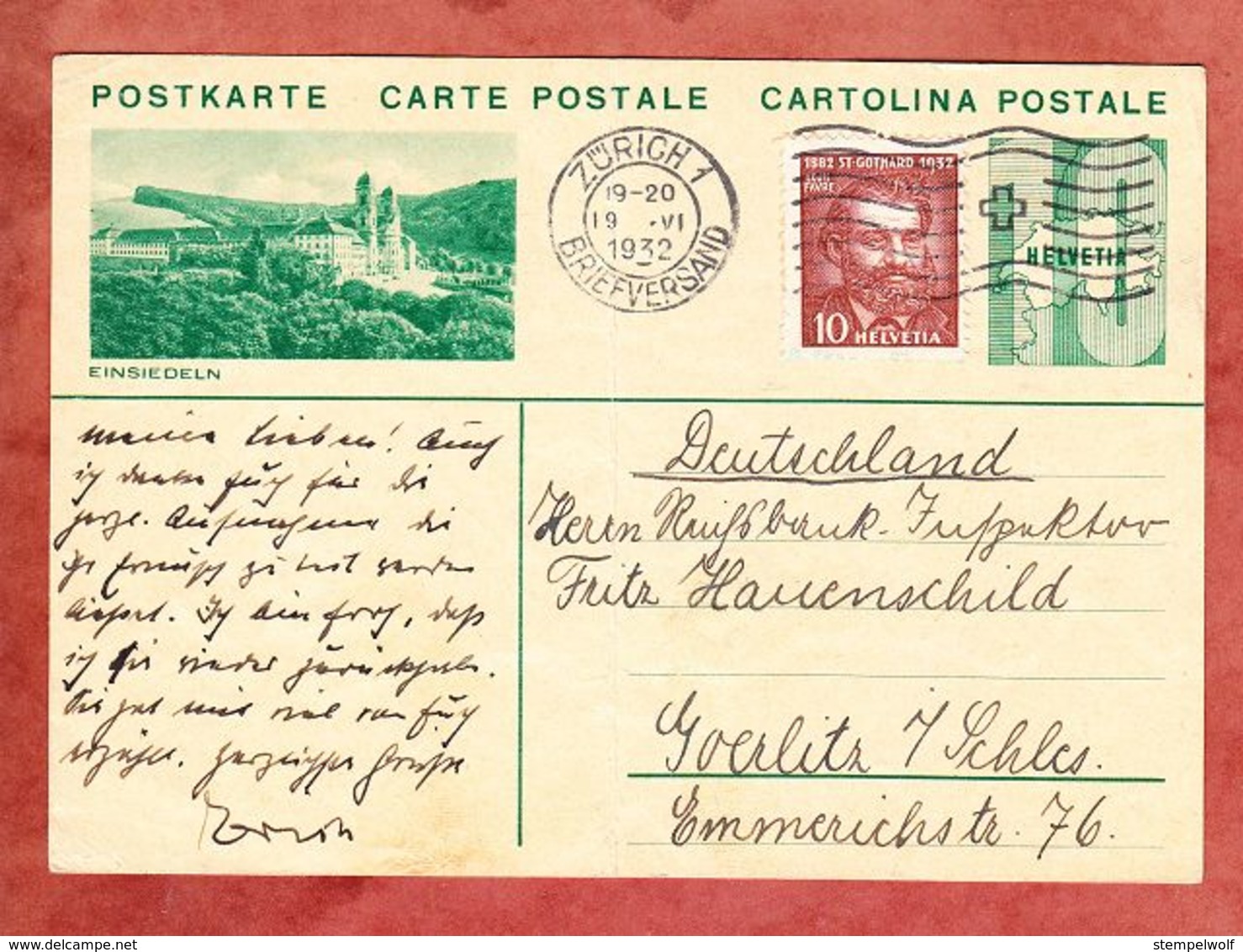 P 152 Ziffer Abb: Einsiedeln + ZF, MS Zuerich, Nach Goerlitz 1932 (55449) - Stamped Stationery