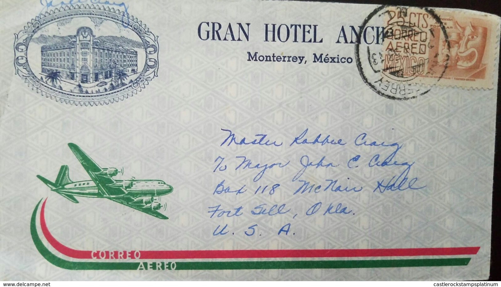 O) 1953 MEXICO, MICHOACAN MASKS - SCOTT C189 AP81 25c - GRAN HOTEL TO USA - Mexico