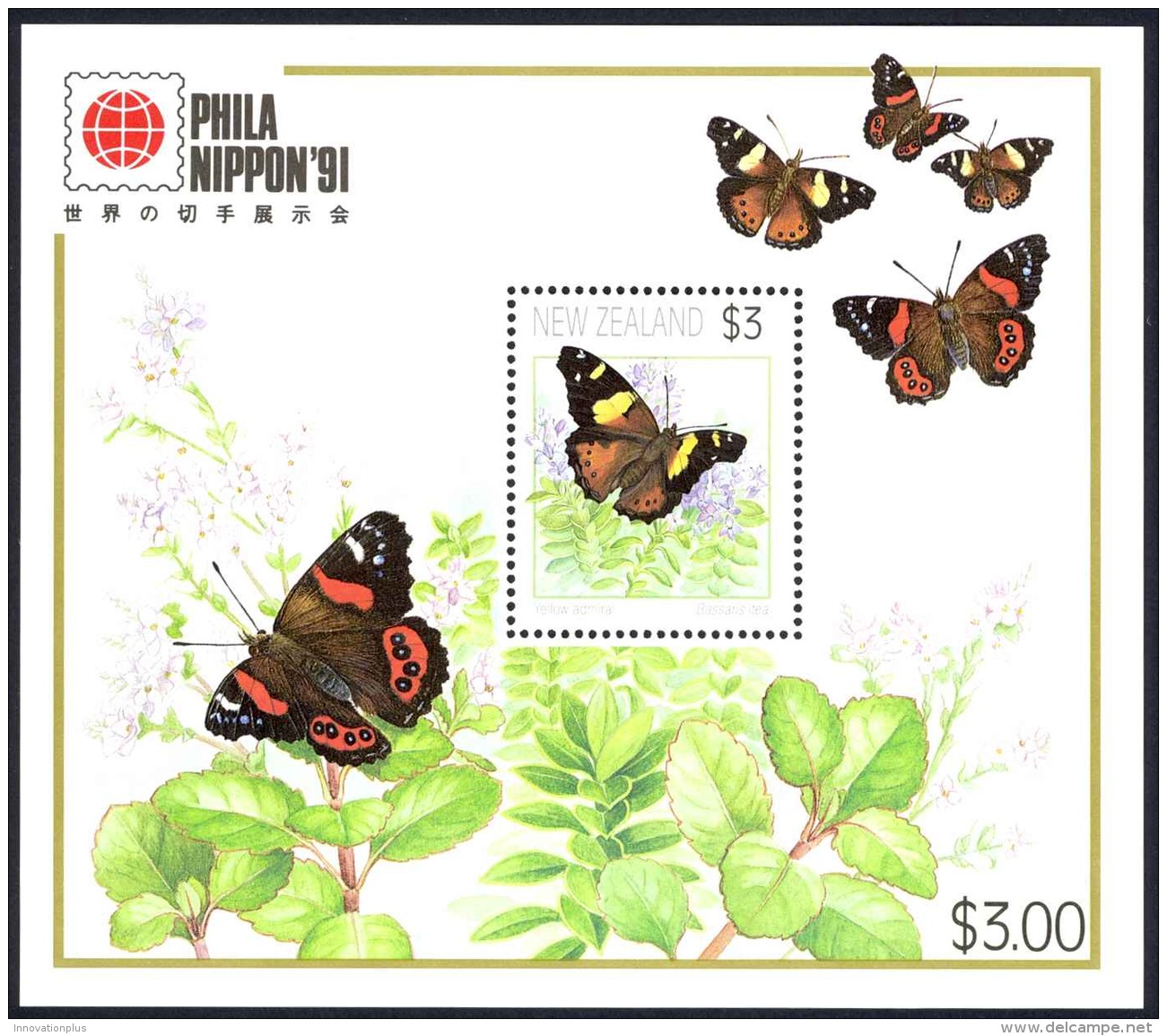 New Zealand Sc# 1077a MNH Souvenir Sheet 1991 Butterflies - Unused Stamps