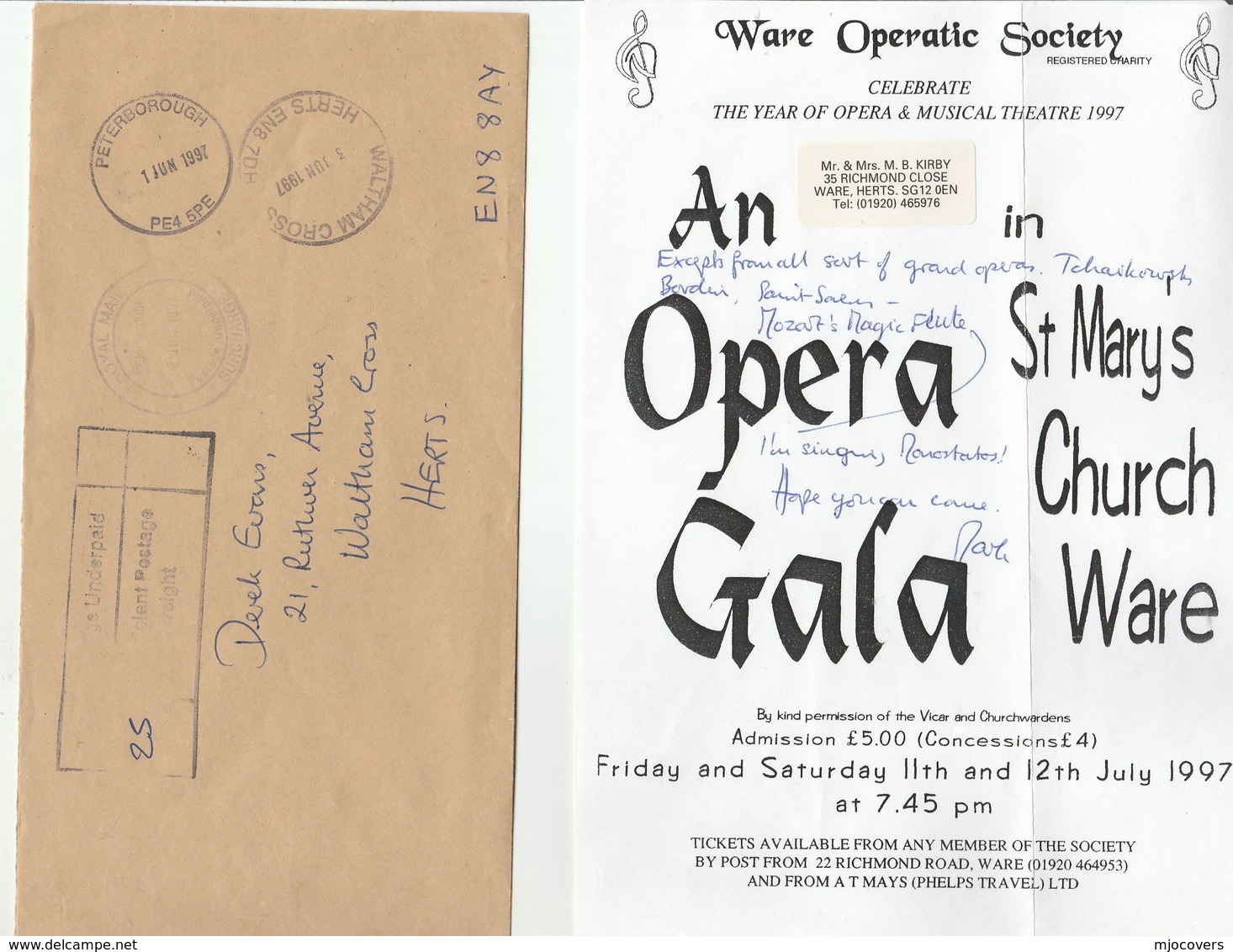 1997 Cover WARE OPERATIC Soc.UNDERPAID 'PETERBOROUGH ROYAL MAIL POSTAGE SURCHARGE' To Waltham Cross Gb Post Due 25 Music - Music