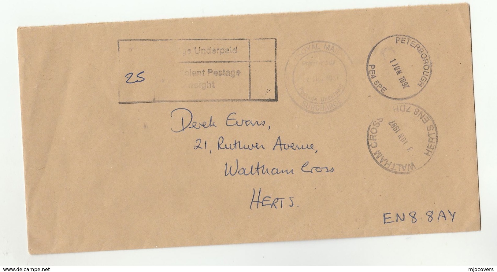 1997 Cover WARE OPERATIC Soc.UNDERPAID 'PETERBOROUGH ROYAL MAIL POSTAGE SURCHARGE' To Waltham Cross Gb Post Due 25 Music - Music