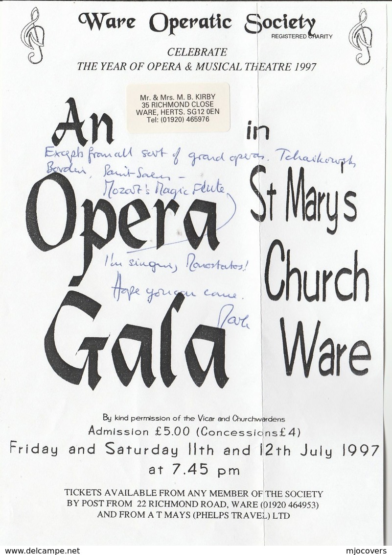 1997 Cover WARE OPERATIC Soc.UNDERPAID 'PETERBOROUGH ROYAL MAIL POSTAGE SURCHARGE' To Waltham Cross Gb Post Due 25 Music - Music