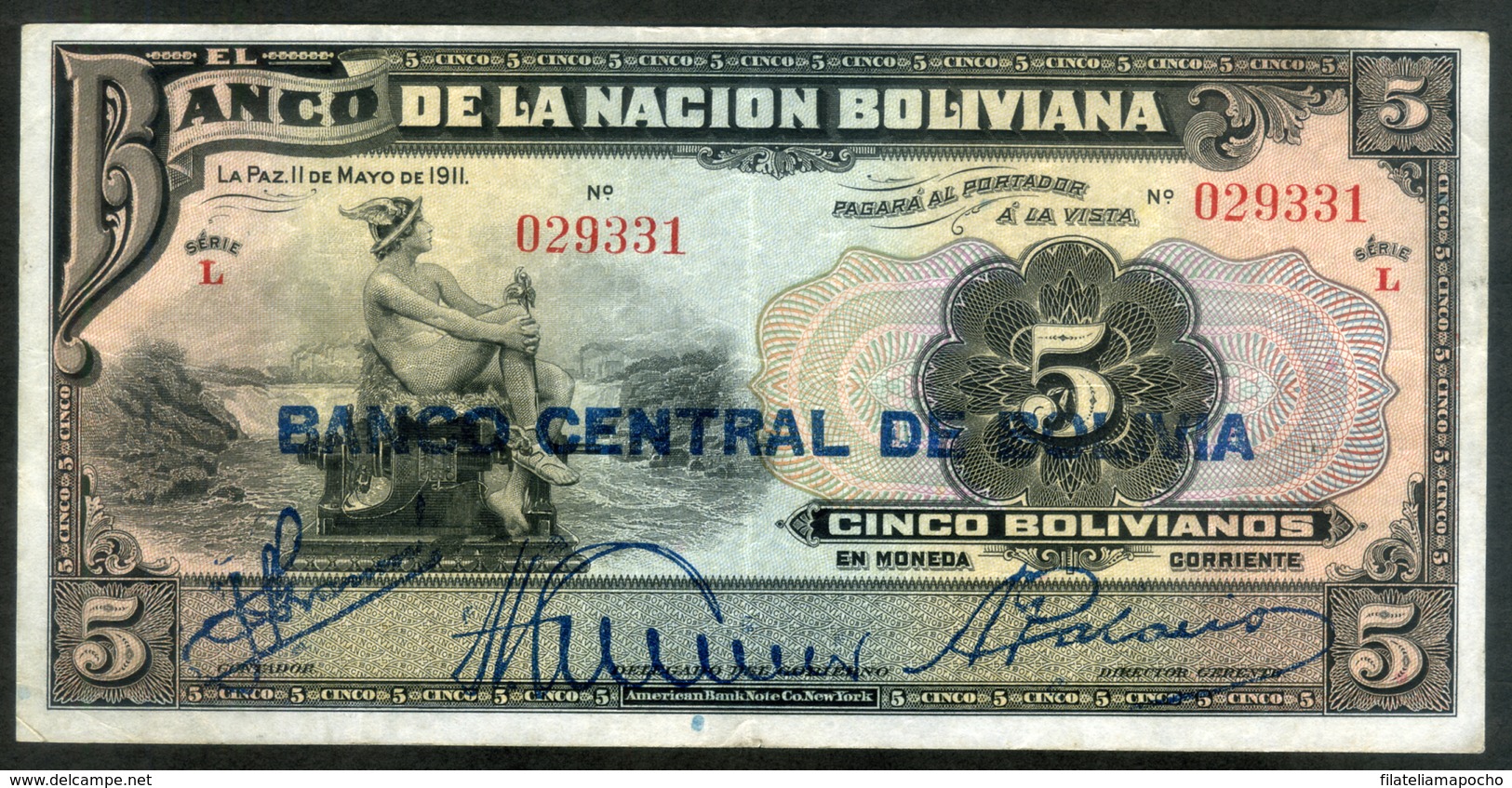 BOLIVIA BILLETES; 1911 - "5 BOLIVIANOS RESE.B.C.DE BOLIVIA" DENOMINADOS “MERCURIOS”. - Bolivië