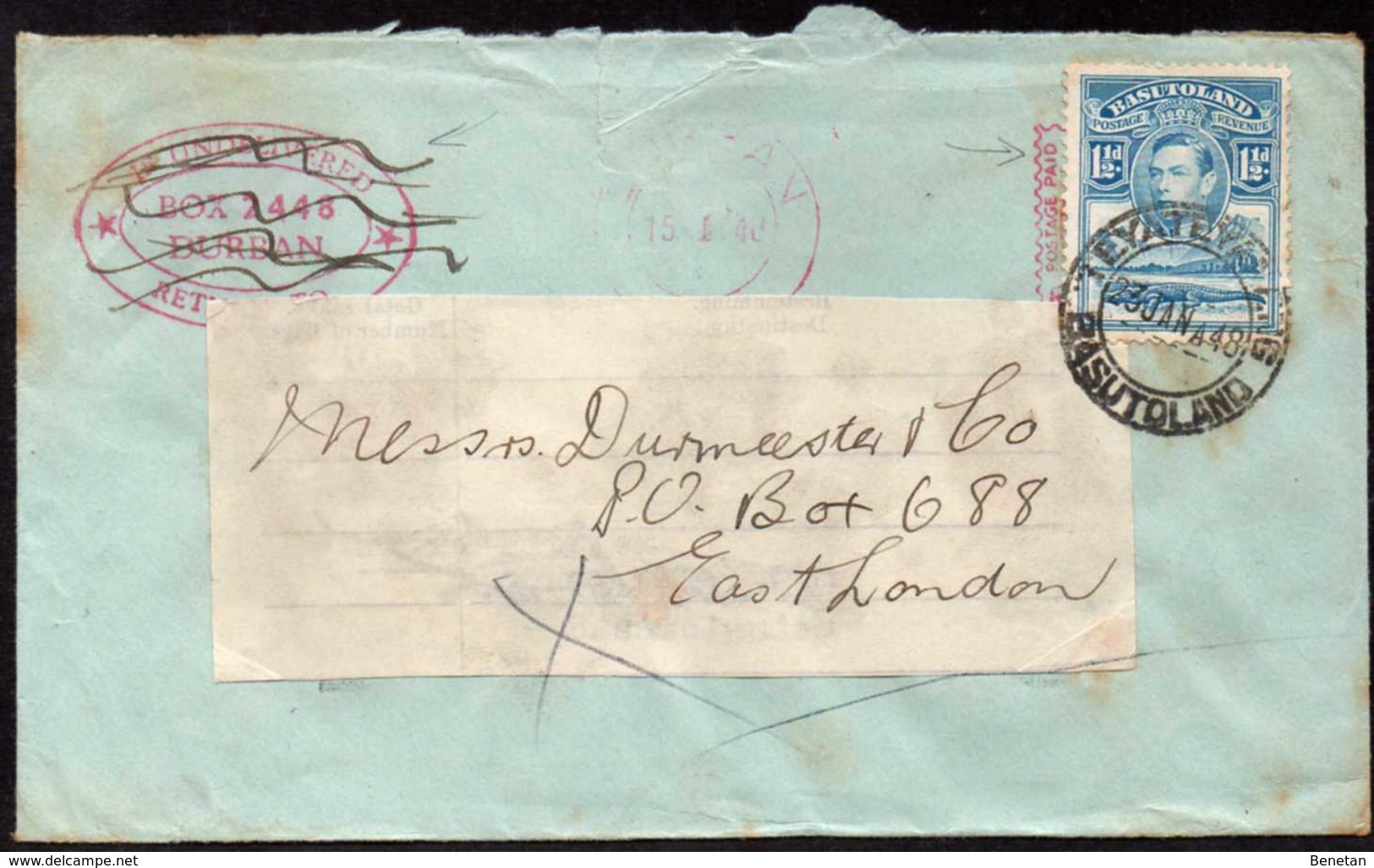 British Basutoland To England Cover1948 Used Twice! - 1933-1964 Colonia Británica