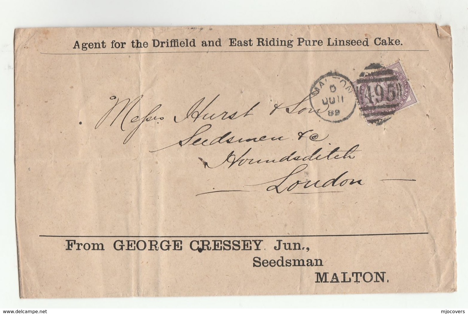 1889 MALTON 495 Duplex ADVERT COVER George Cressey Seedsman Driffield Lindseed Cake To HOUNDSDITCH London GB QV Stamps - Storia Postale