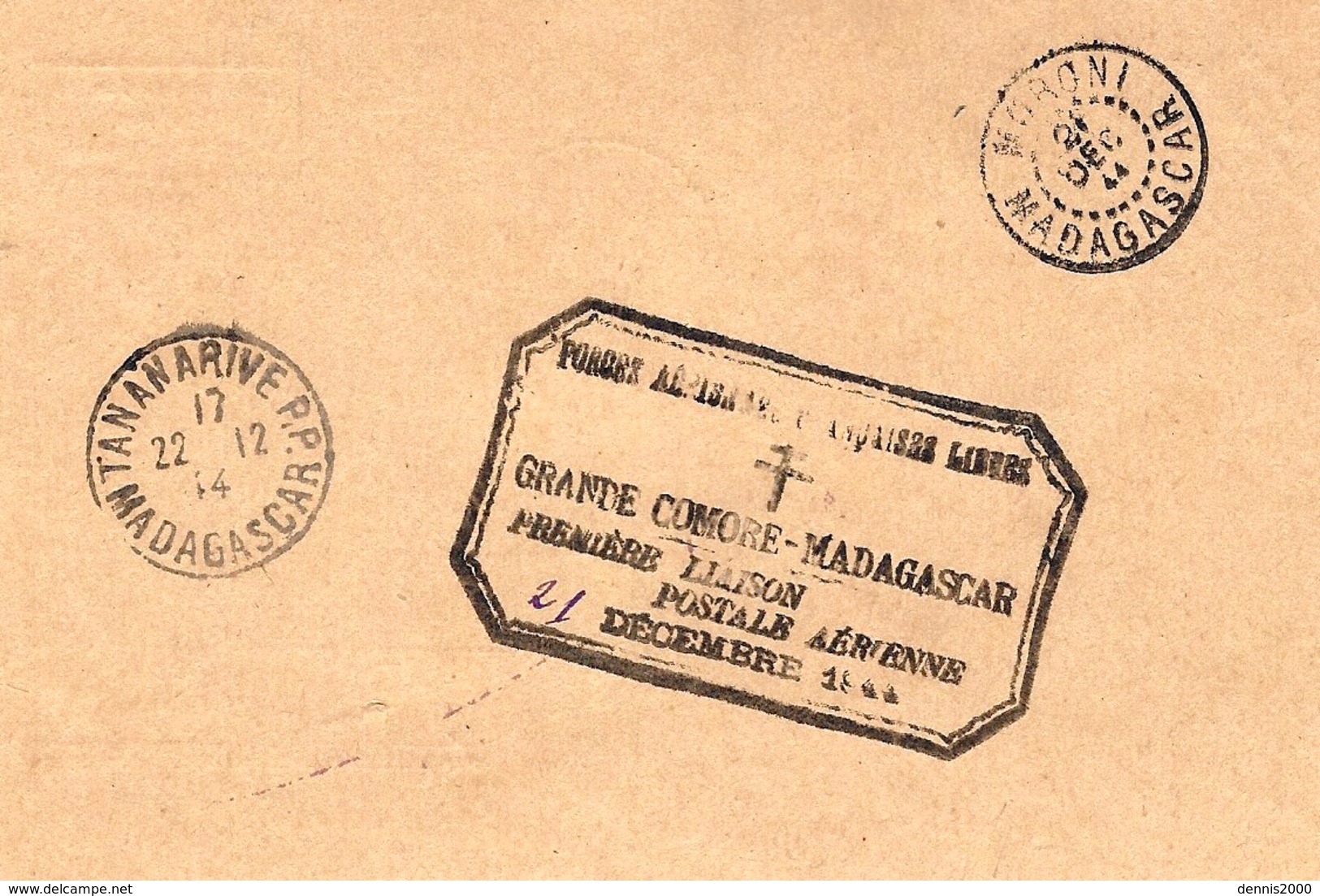 19 Dec 1944 -1ère Liaison Aérienne Madagascar-Grande Comore Et Retour Sur C P E P En Taxe Perçue 2 , 20 F - Luftpost