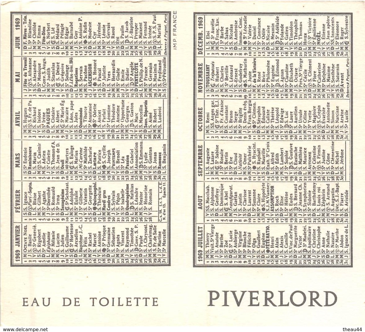 ¤¤  -  Calendrier De 1969  -  Eau De Toilette " PIVERLORD " De Paris  -  PARFUM  - Carte Parfumée  -  ¤¤ - Petit Format : 1961-70