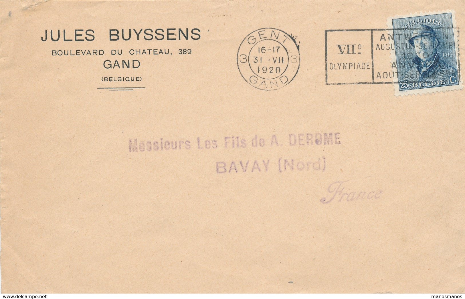 048/27 - JEUX OLYMPIQUES ANVERS 1920 - Lettre TP Casqué 25 C - Cachet Mécanique J.O GAND 3 Vers La France - Sommer 1920: Antwerpen