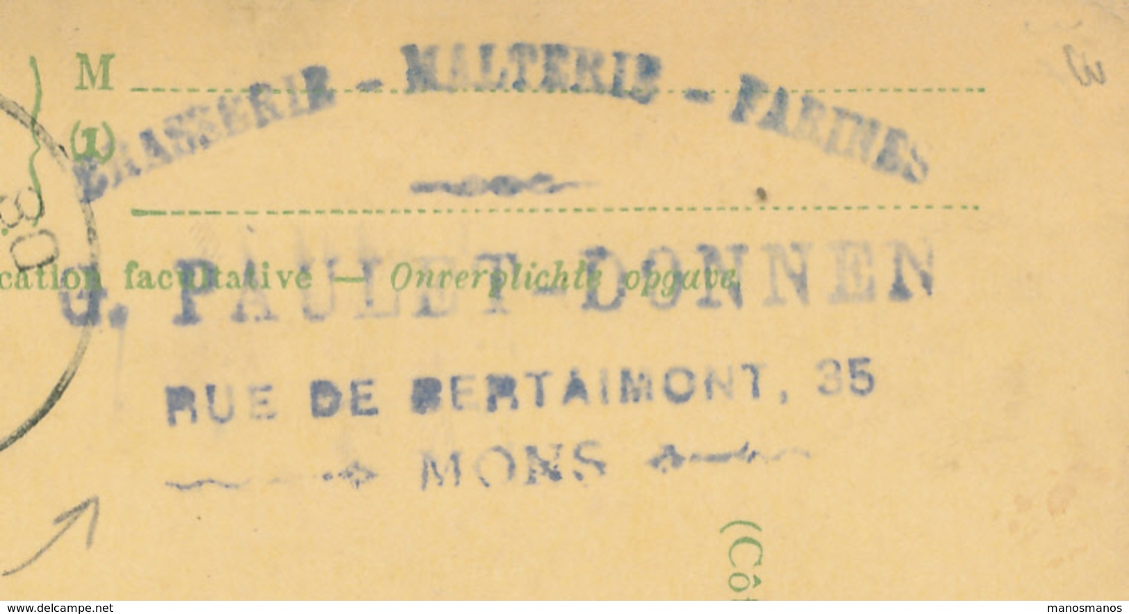 050/27 - BRASSERIE BELGIQUE - Cachet Brasserie Paulet-Donnen à MONS Sur Entier Postal Armoiries MONS Station 1908 - Beers