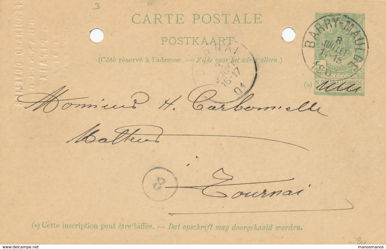 051/27 - BRASSERIE BELGIQUE - Cachet Brasseur Cuvelier à PIPAIX Sur Entier Postal Armoiries BARRY MAULDE 1901 - Bières
