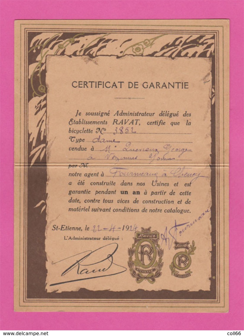 1924 Cycles Ravat Publicité Vélo Carte Certificat De Garantie Impimerie Lehenaff & Cie St Etienne 42 - Publicités