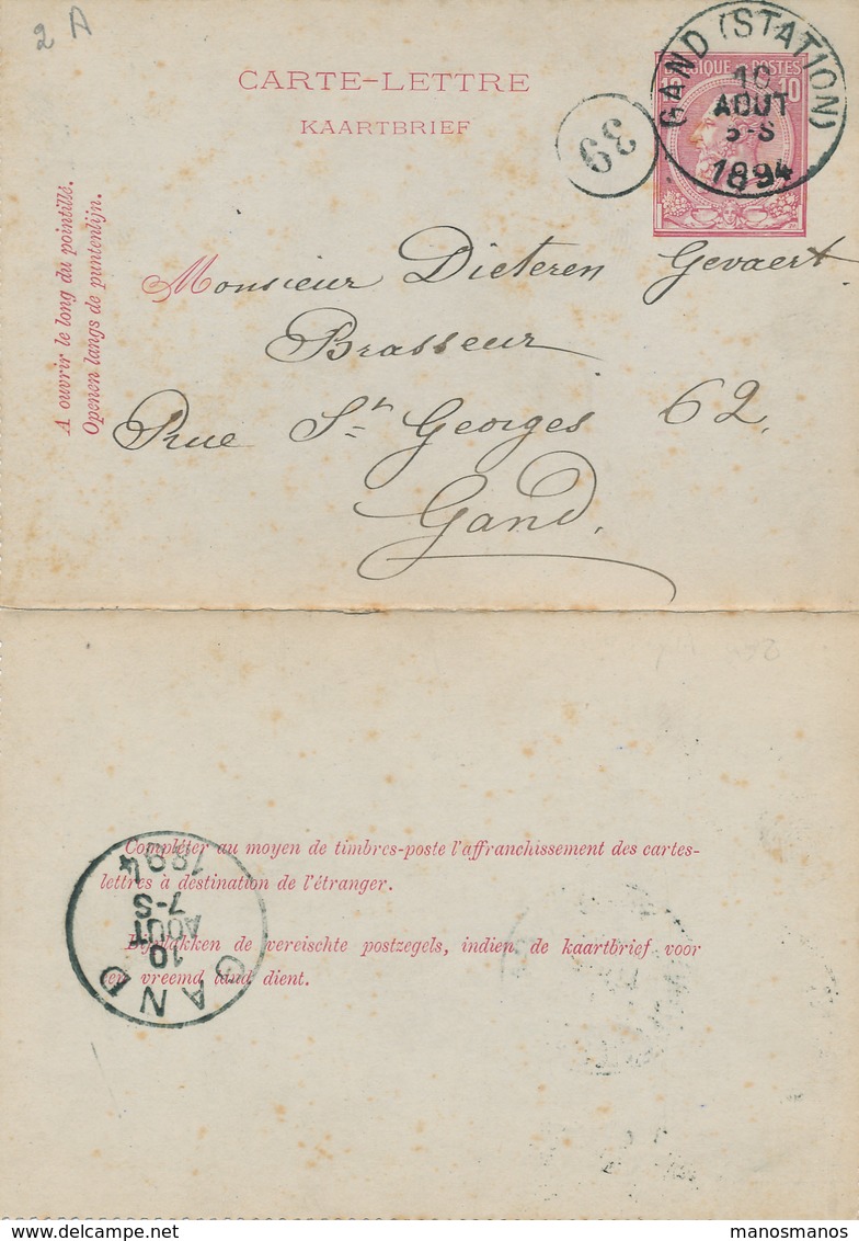 055/27 - BRASSERIE BELGIQUE - Vers Le Brasseur Dieteren Gevaert à GAND - Carte-Lettre Type TP 46 GAND Station 1894 - Bières