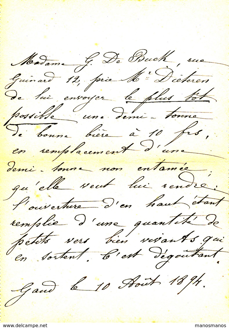 055/27 - BRASSERIE BELGIQUE - Vers Le Brasseur Dieteren Gevaert à GAND - Carte-Lettre Type TP 46 GAND Station 1894 - Bières