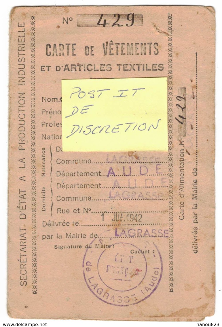 OCCITANIE AUDE  Année 1942 RATIONNEMENT RAVITAILLEMENT BON TICKET Catégorie E  Carte De Vêtements Et D'Articles Textiles - Documents Historiques