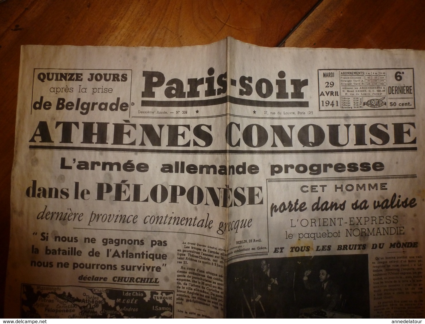 1941 Le 29 Avril :PARIS-SOIR ->Victoire De L'armée Allemande à Athènes, Nous Devons Gagner La Bataille Dit CHURCHILL;etc - Autres & Non Classés