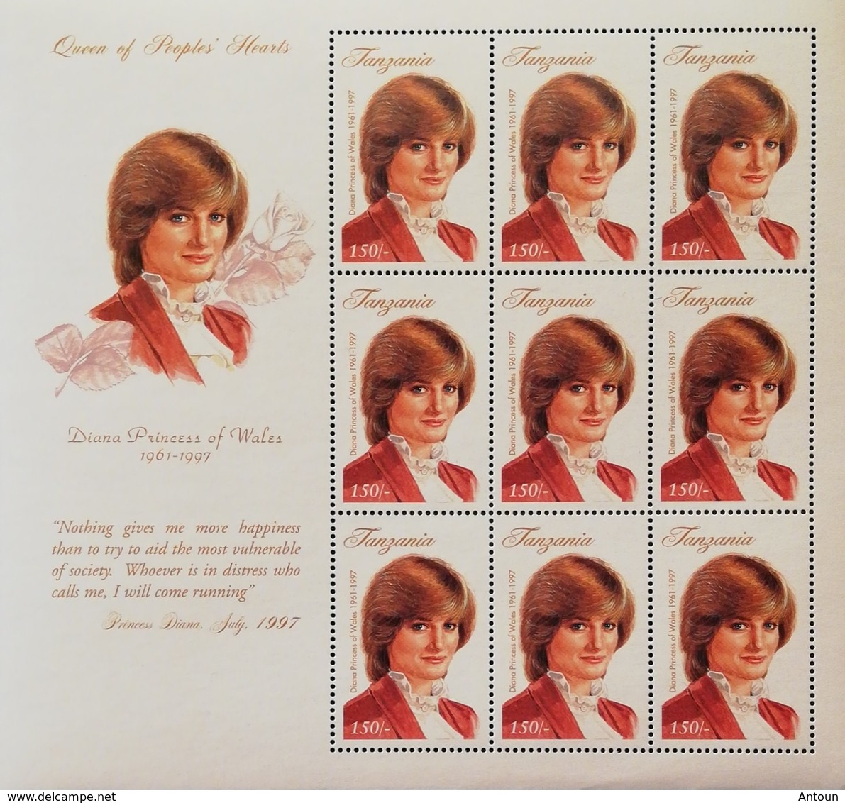 Tanzania  1998 Diana  Princess Of Wales Sheet Of Nine   POSTAGE FEE TO BE ADDED ON ALL ITEMS - Tansania (1964-...)
