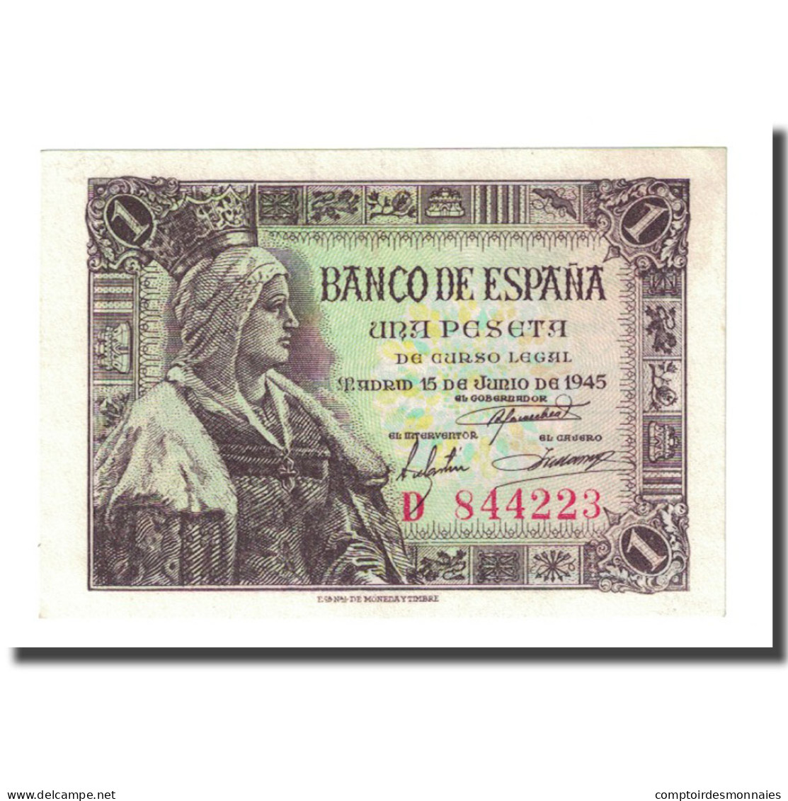 Billet, Espagne, 1 Peseta, 1945-06-15, KM:128a, SPL - 1-2 Pesetas