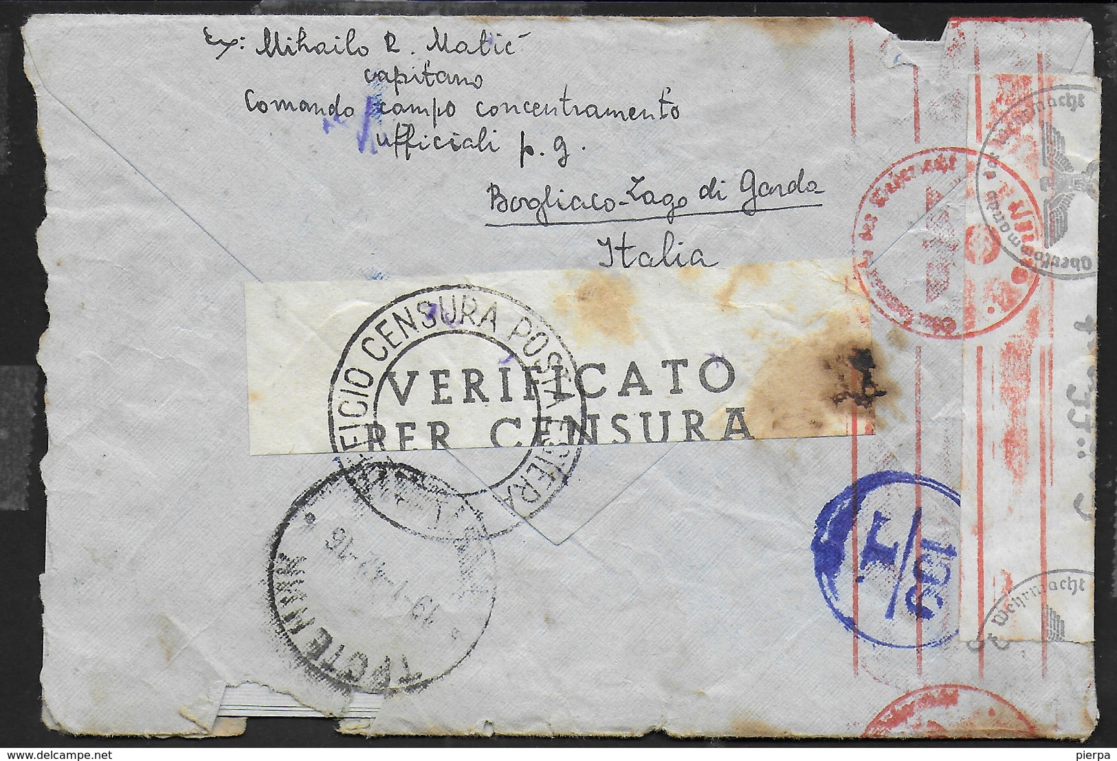 BUSTA IN FRANCHIGIA CON LETTERA DA BOGLIACO LAGO DI GARDA 19.01.1942 PER PRSTENIC (SERBIA) - CENSURA TEDESCA - Posta Militare (PM)