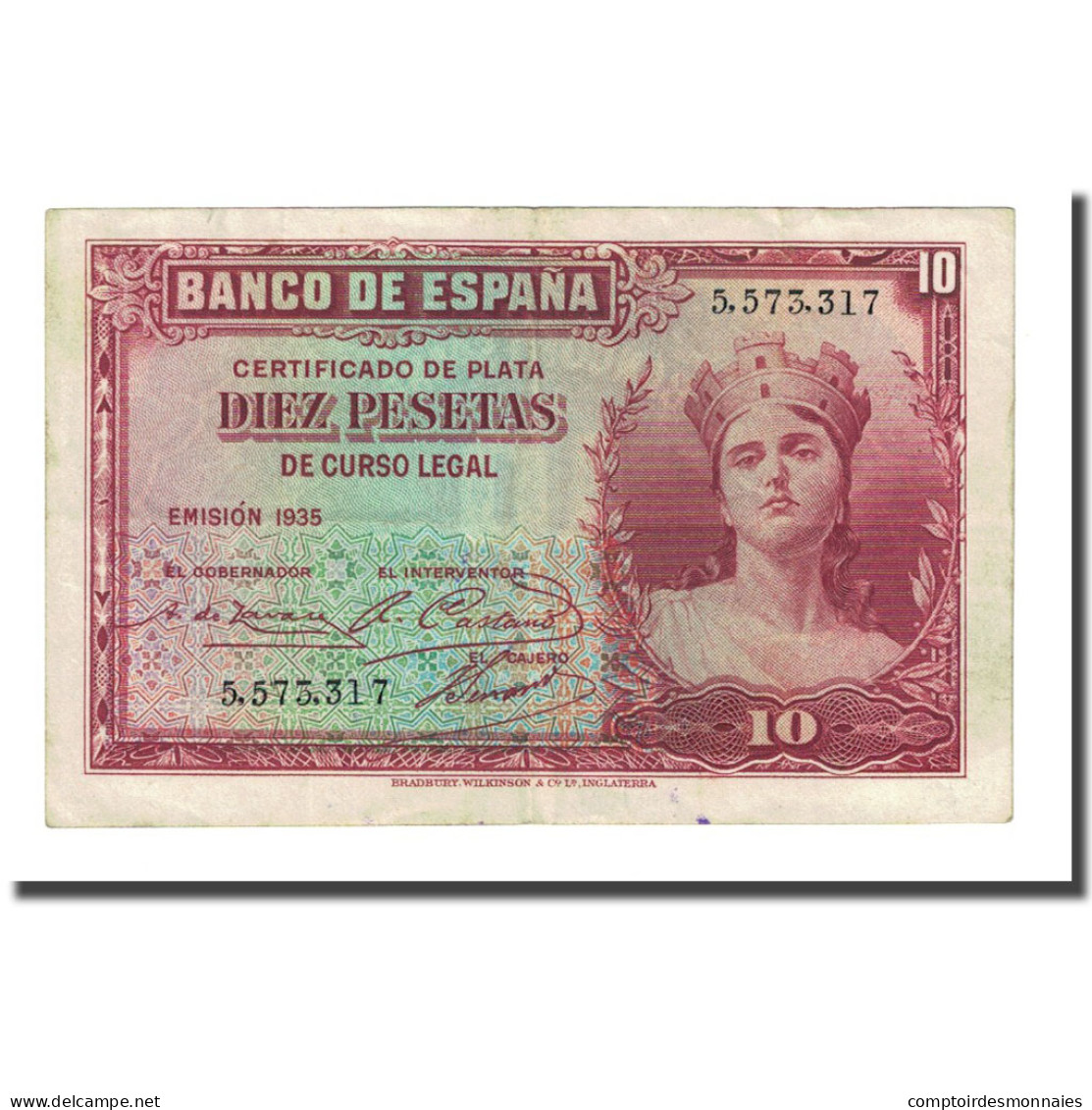 Billet, Espagne, 10 Pesetas, 1935, KM:86a, TTB - 10 Pesetas