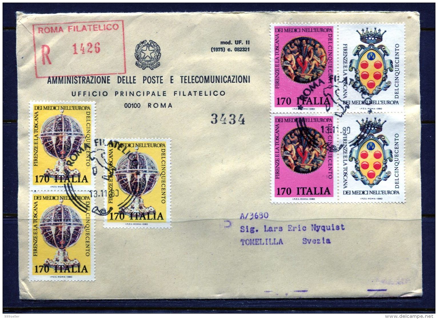 Italy C98 Cover 1980 Registered 7v Medici Coat Of Arms Globus - Zonder Classificatie