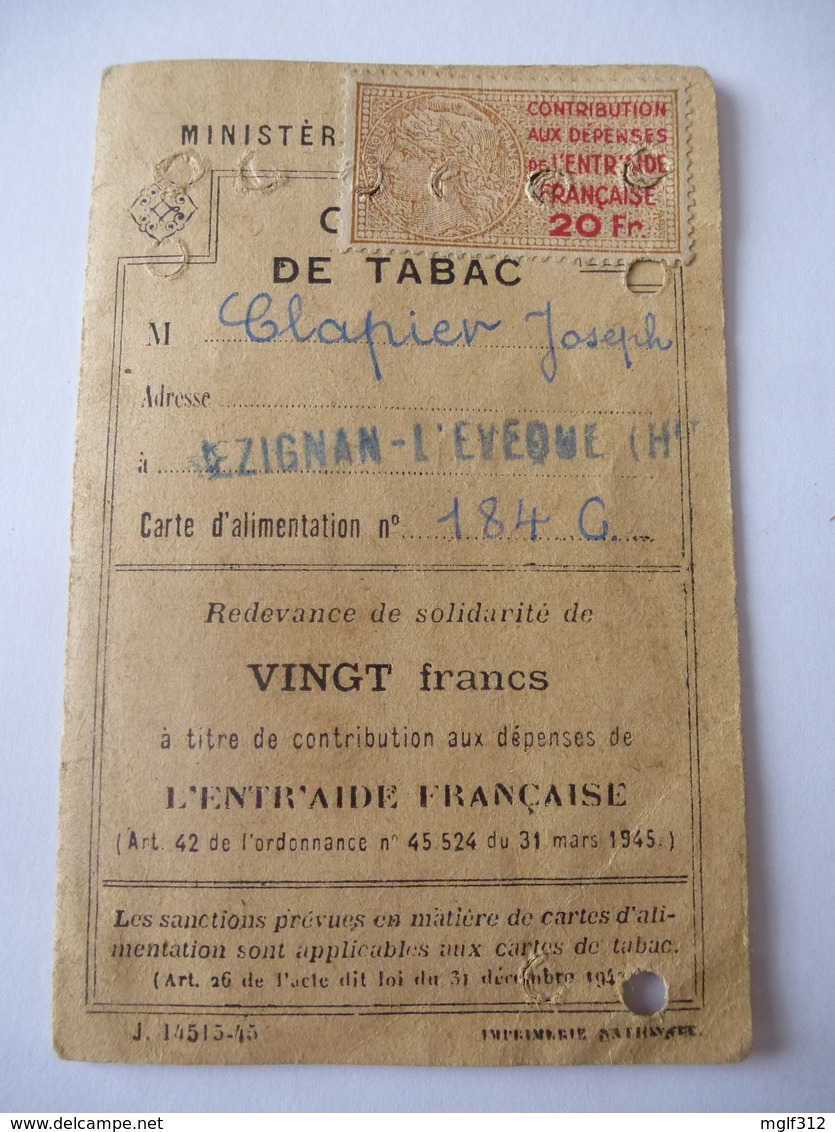 NEZIGNAN-L'EVEQUE (34) CARTE De RATIONNEMENT DE TABAC Après 1945 - Documents