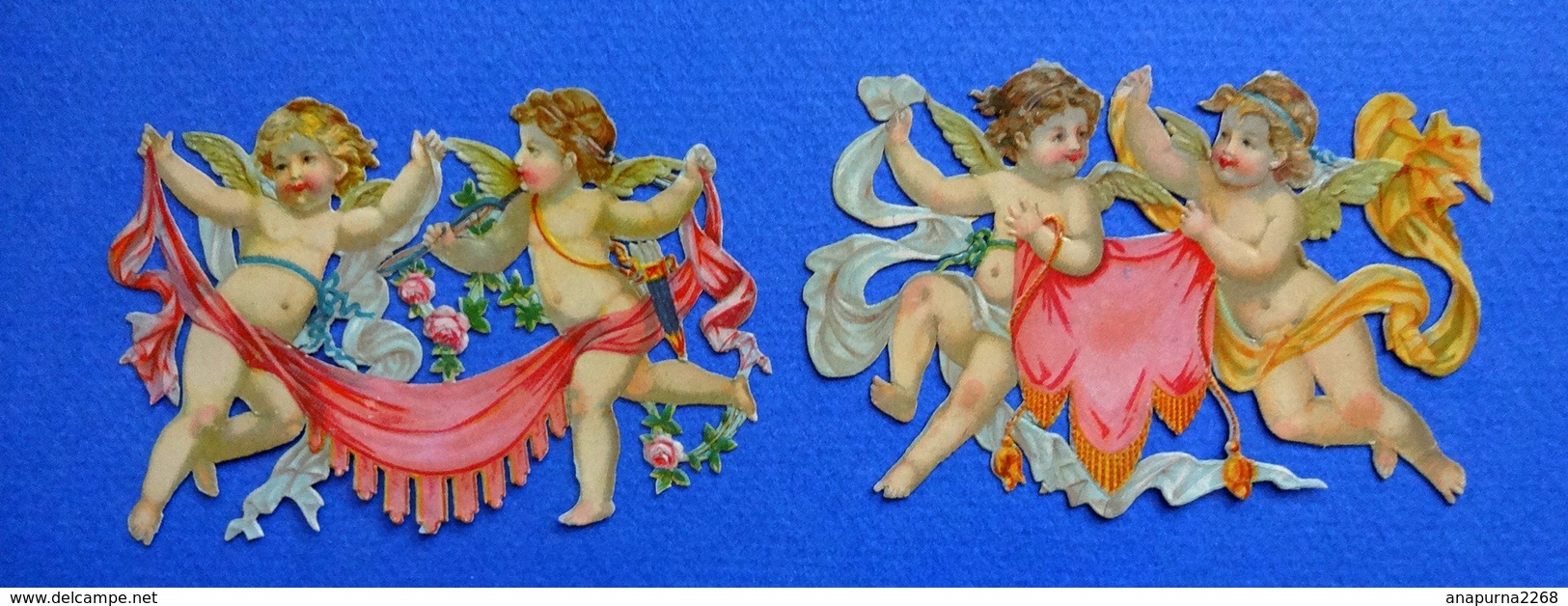 2 CHROMOS DECOUPIS   2 GROUPES D'ANGES   FLEURS DRAPERIE     LARGEUR 9 Cm - Angels