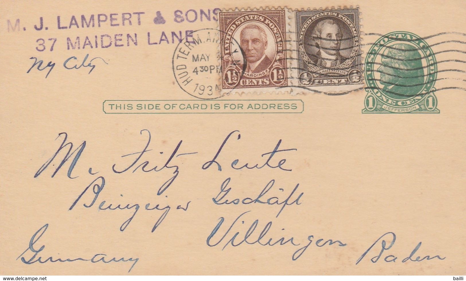 Etats Unis Entier Postal Pour L'Allemagne 1934 - 1921-40