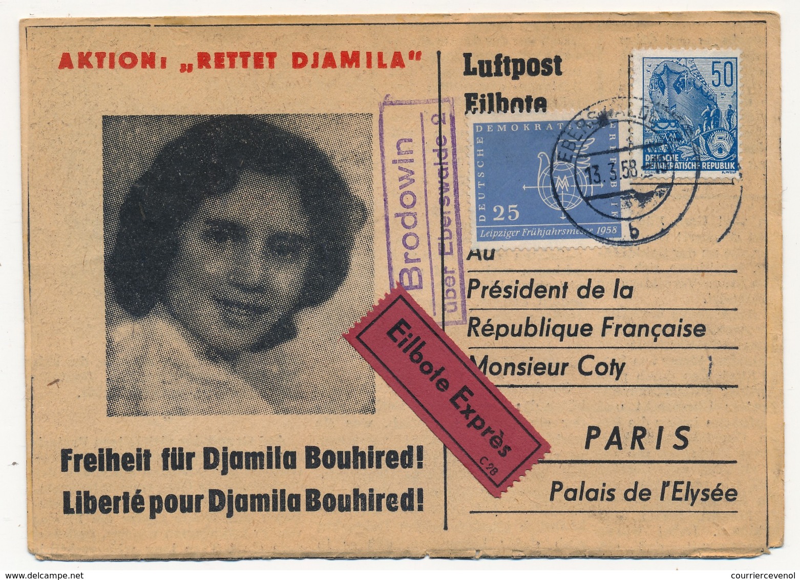 Carte Pétition Pour La Libération De Djamila Bouhired - 1958 - DDR => Président Coty (Guerre D'Algérie) - Briefe U. Dokumente