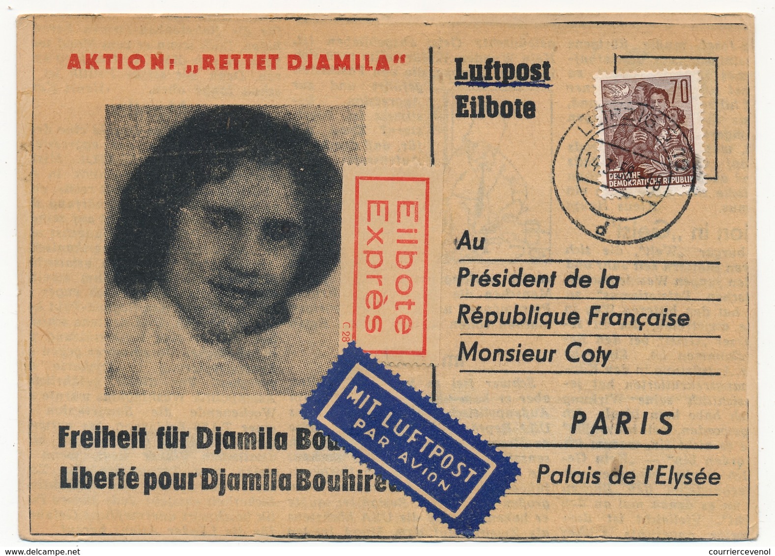 DDR / FRANCE - Carte Pétition Pour La Libération De Djamila Bouhired - 1958 => Président Coty (Guerre D'Algérie) - Guerre D'Algérie