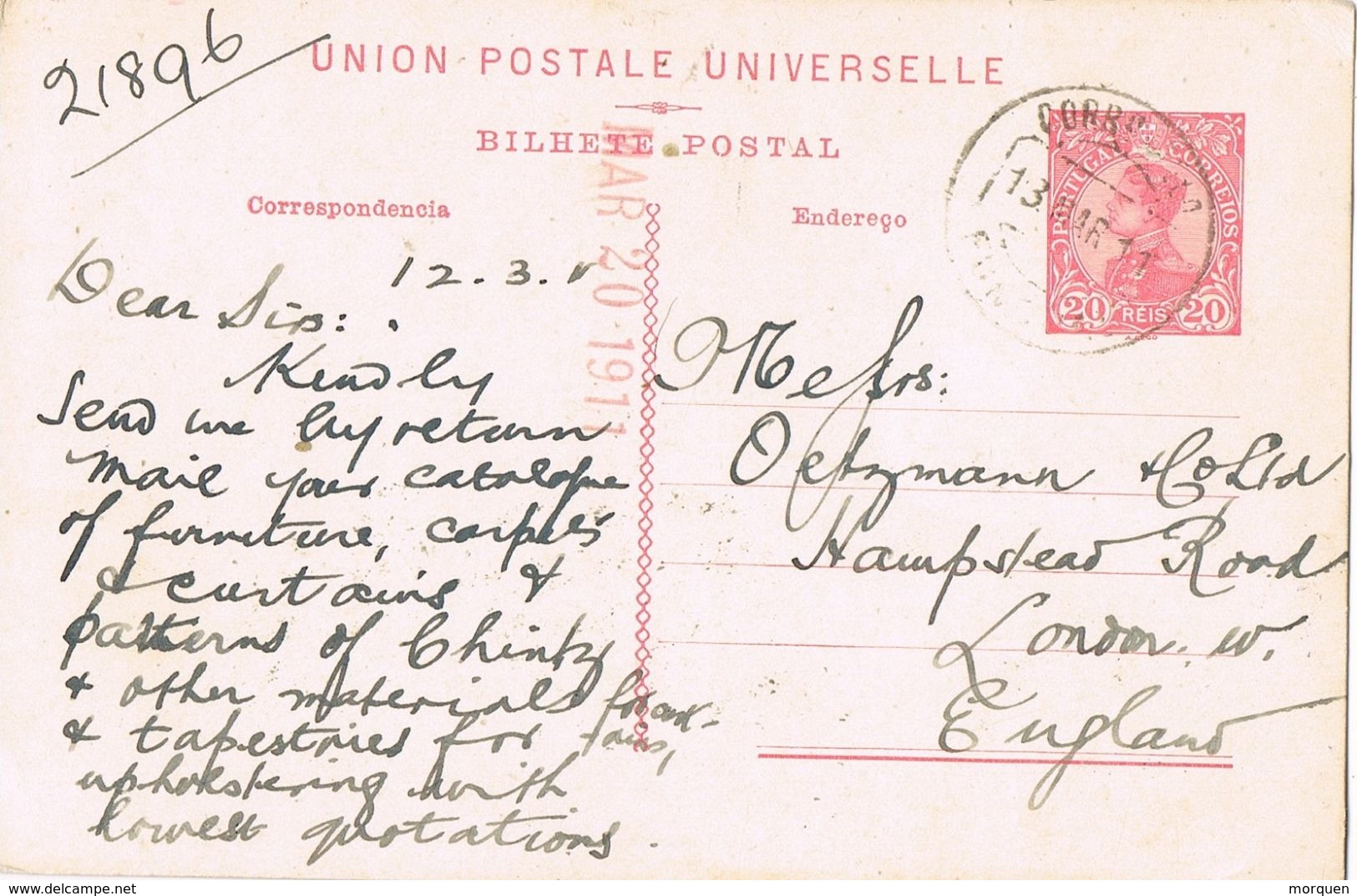 29540. Entero Postal FUNCHAL Madeira (islas Portugal) 1911 To London - Funchal