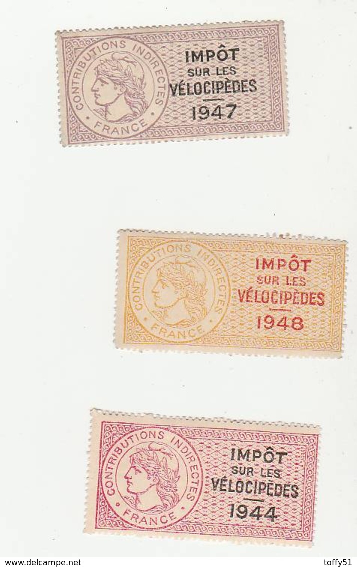 3 TIMBRES FISCAUX AVEC COLLE "IMPÔT SUR LES VÉLOCIPÈDES" ANNÉE 1944..1947..1948 CONTRIBUTIONS INDIRECTES - Autres & Non Classés