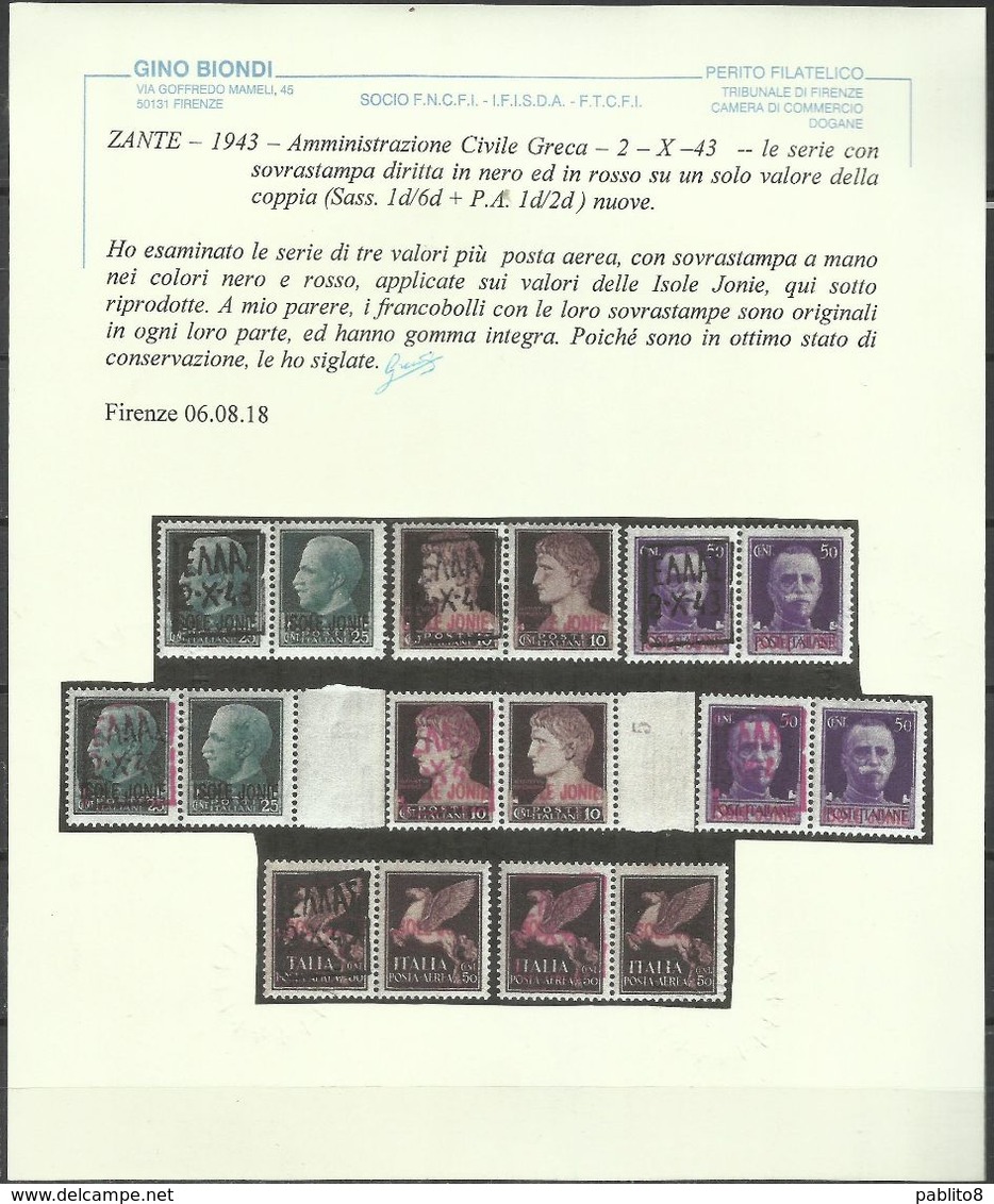 ZANTE 1943 COPPIA ISOLE JONIE + AMMINISTRAZIONE CIVILE GRECA BLACK OVERPRINTED SOPRASTAMPA NERA CENT. 10 MNH CERTIFICATA - Ocu. Alemana: Zante