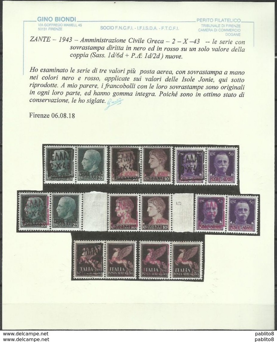 ZANTE 1943 COPPIA ISOLE JONIE + AMMINISTRAZIONE CIVILE GRECA RED OVERPRINTED SOPRASTAMPA ROSSA CENT. 10 MNH CERTIFICATA - Duitse Bez.: Zante