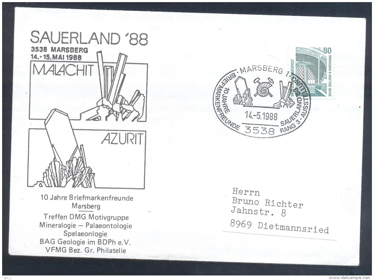 Germany 1988 Cover: Minerals Fosil Fossil Mine Mineralien Paleontolyogy Speleology: Sauerland 88 Marsberg; Azurit - Mineralien