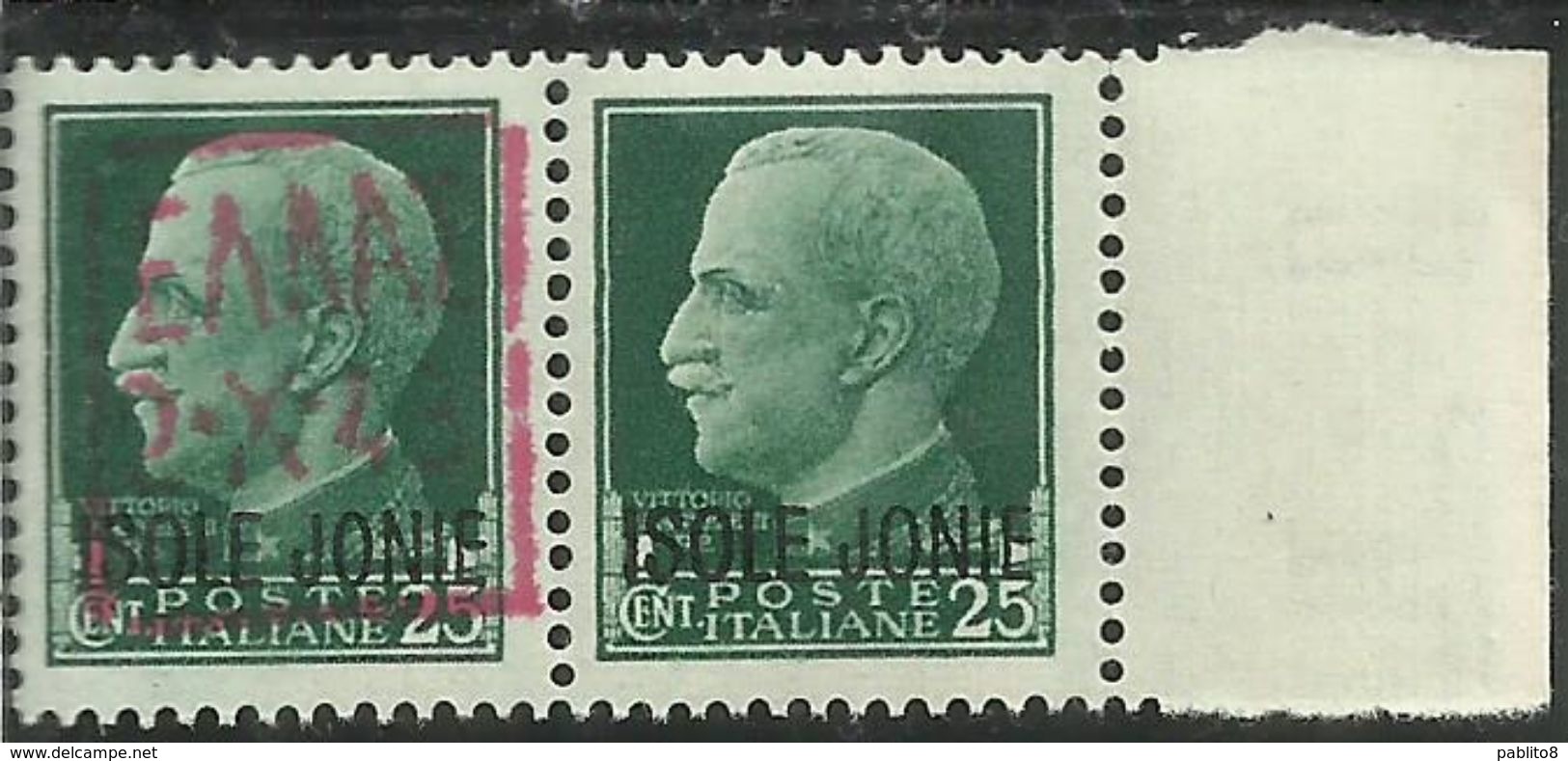 ZANTE 1943 COPPIA ISOLE JONIE + AMMINISTRAZIONE CIVILE GRECA RED OVERPRINTED SOPRASTAMPA ROSSA CENT. 25 MNH CERTIFICATA - Ocu. Alemana: Zante