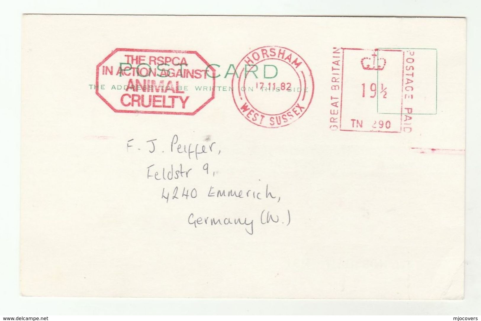 1982 COVER Meter RSPCA IN ACTION AGAINST ANIMAL CRUELTY  Animal Welfare Slogan Horsham GB Stamps Card - Other & Unclassified