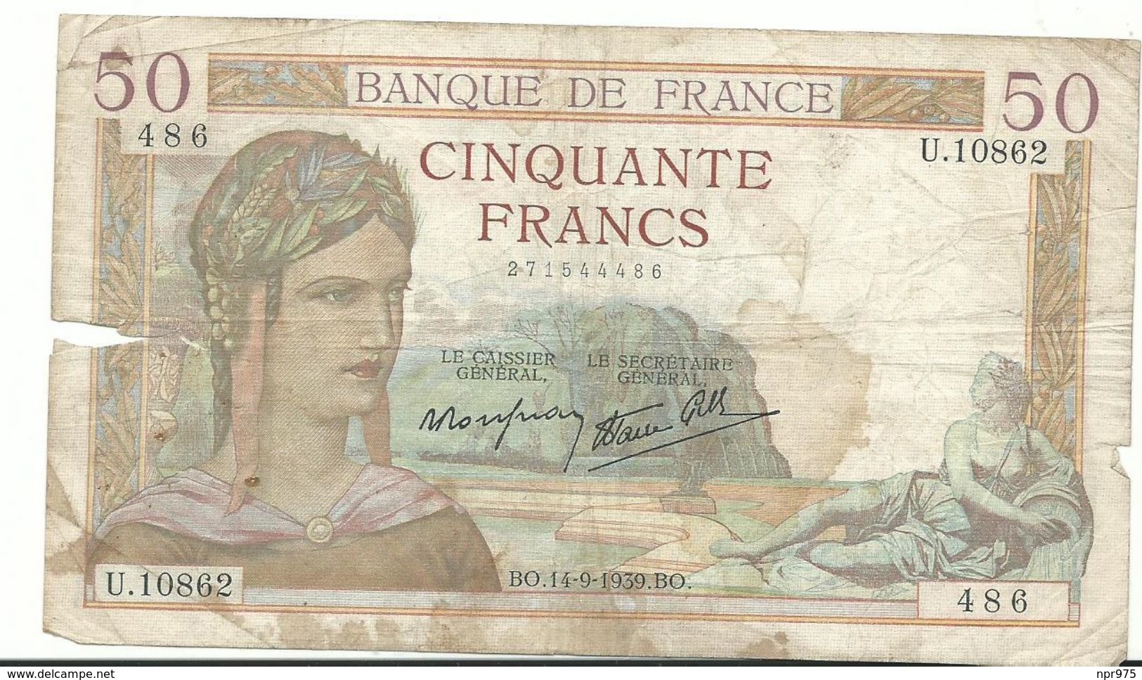 50 Francs  Bo 14 9 1939  U.10862 486  2715544486 - 50 F 1934-1940 ''Cérès''