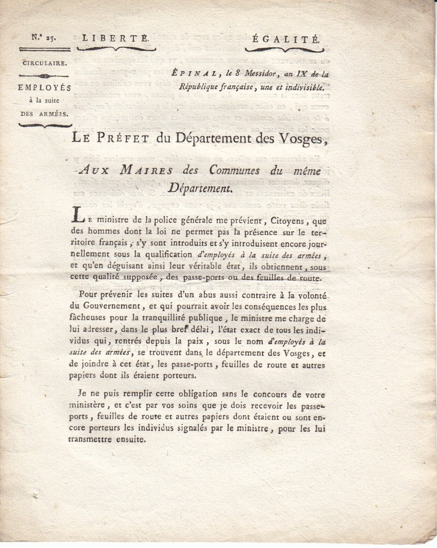 10 Circulaires Du Prèfet Des Vosges Aux Maires Du Département,an IX ,1800/1801 ,2 Scans - Documentos Históricos