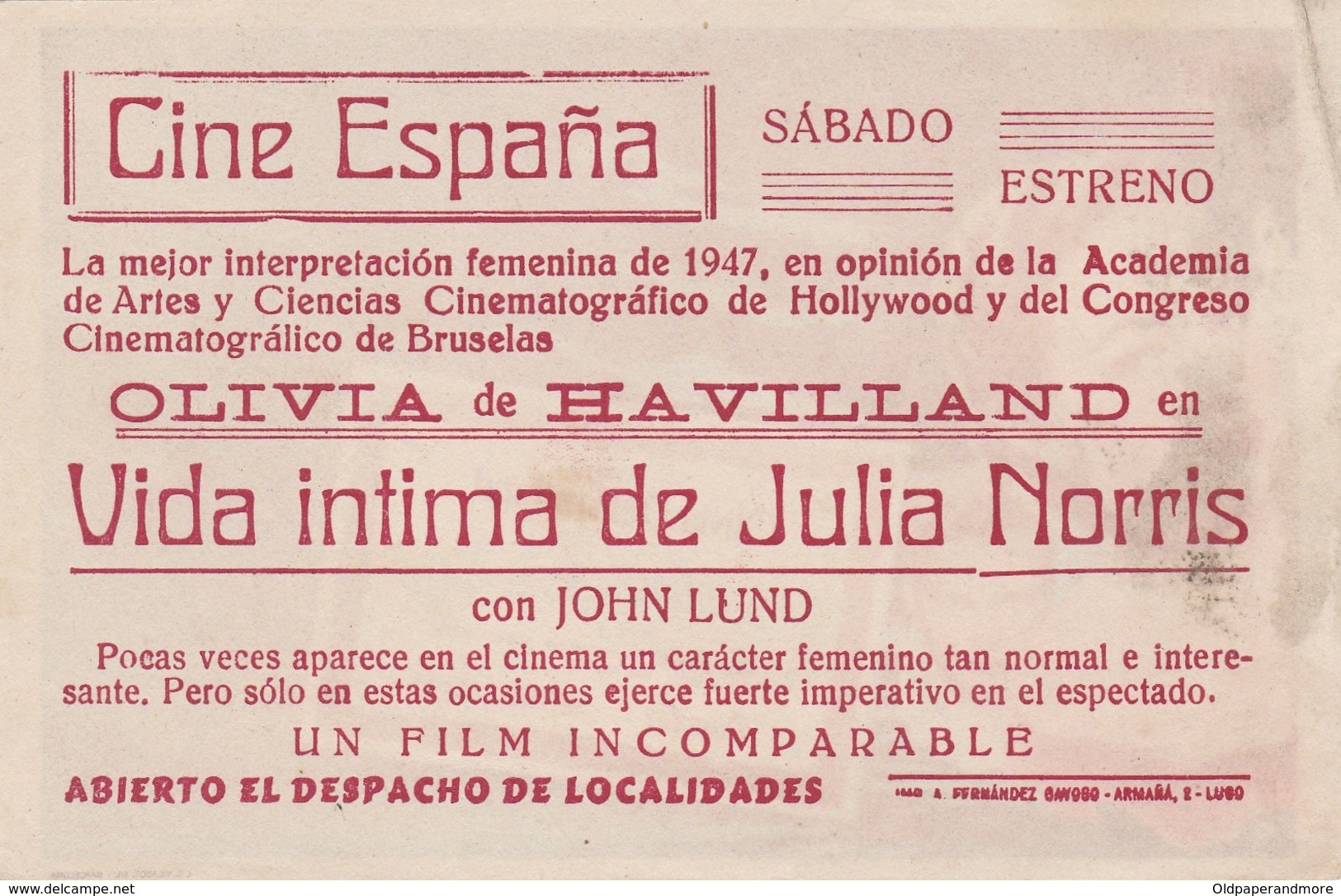 SPAIN ESPAÑA - CINE - FILM - CINEMA - ADVERTISEMENT - VIDA INTIMA DE JULIA MORRIS - OLIVIA DEHAVILLAND - Cinema Advertisement