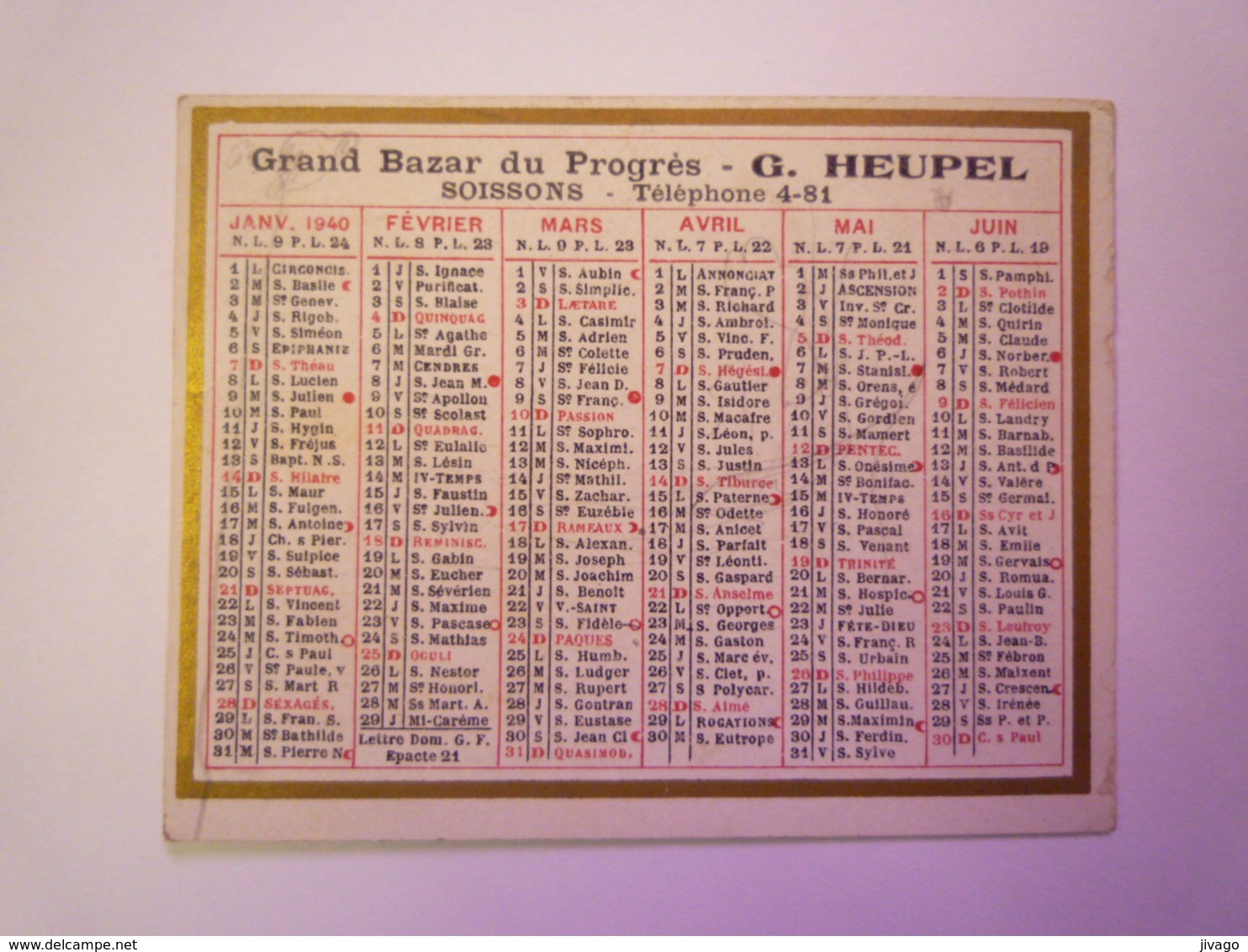 PETIT CALENDRIER  PUB  1940  (Grand Bazar Du Progrès  G. HEUPEL  Soissons)    - Petit Format : 1921-40
