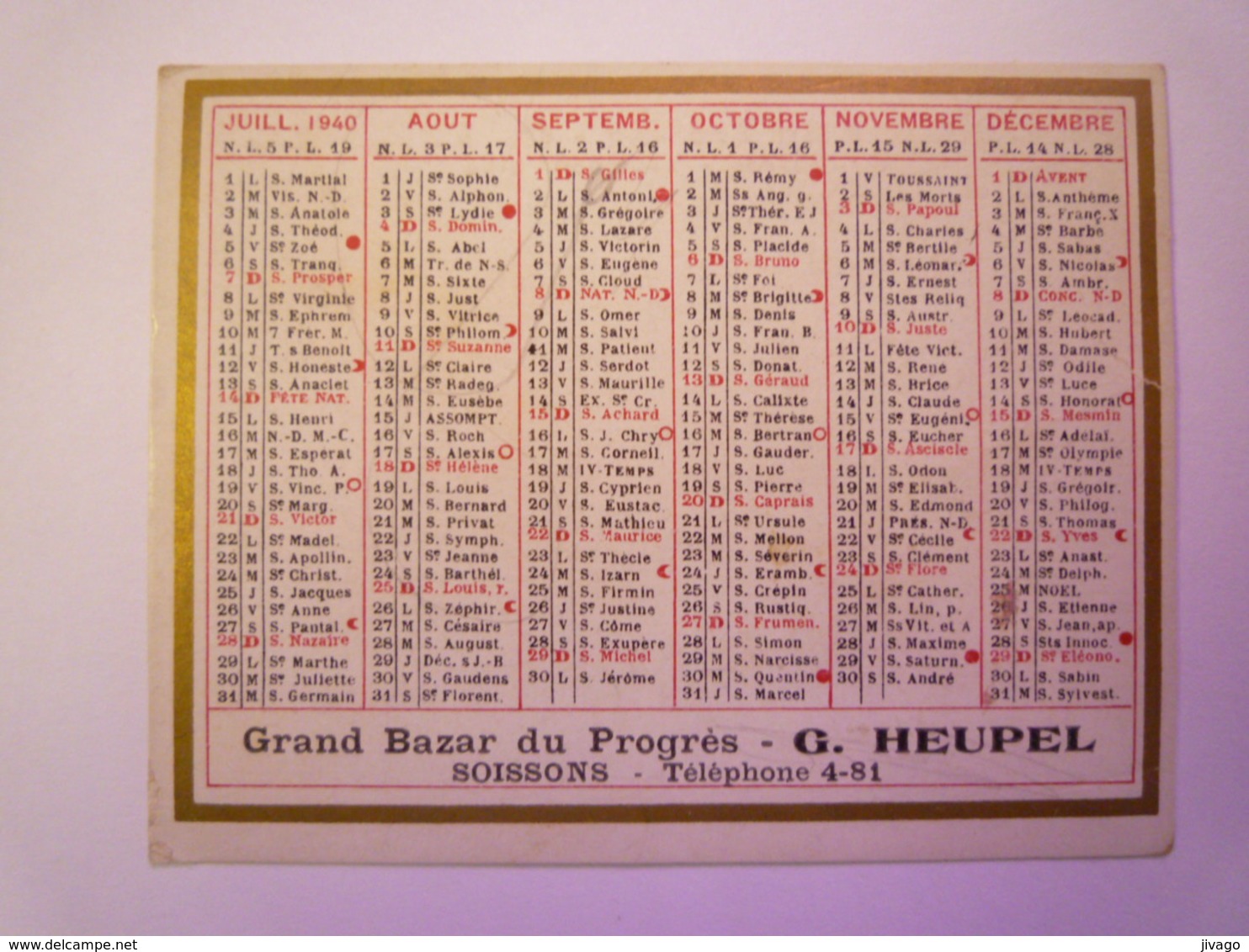PETIT CALENDRIER  PUB  1940  (Grand Bazar Du Progrès  G. HEUPEL  Soissons)    - Petit Format : 1921-40