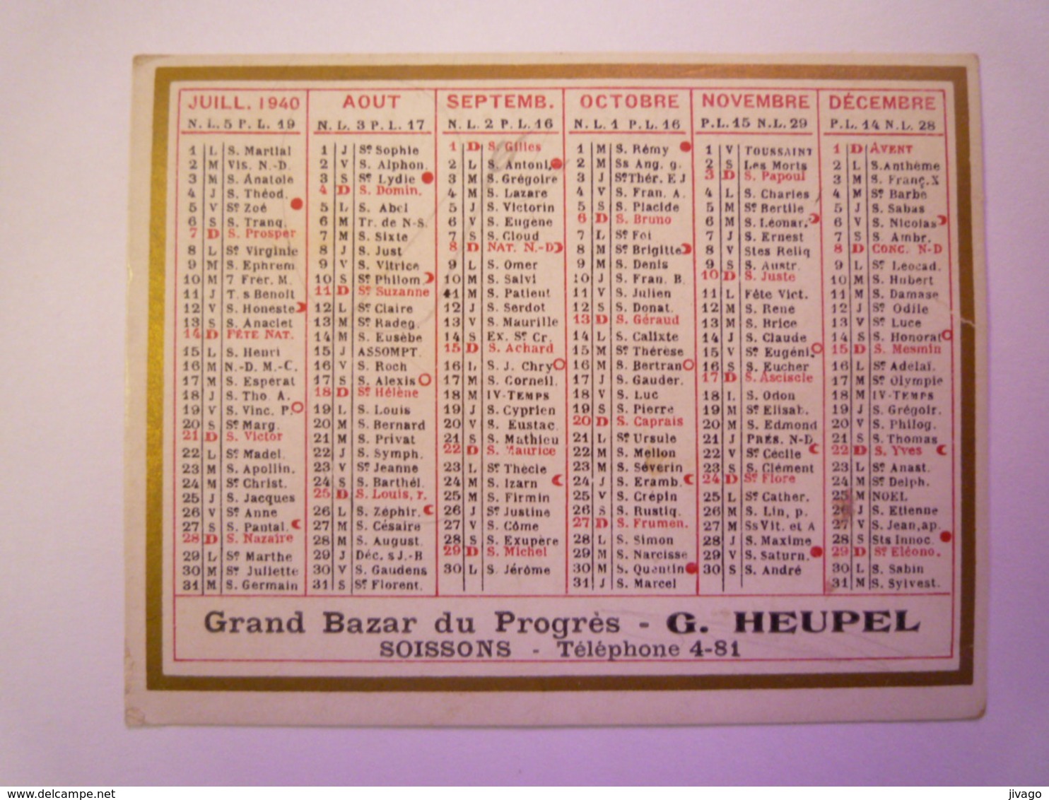 PETIT CALENDRIER  PUB  1940  (Grand Bazar Du Progrès  G. HEUPEL  Soissons)    - Klein Formaat: 1921-40