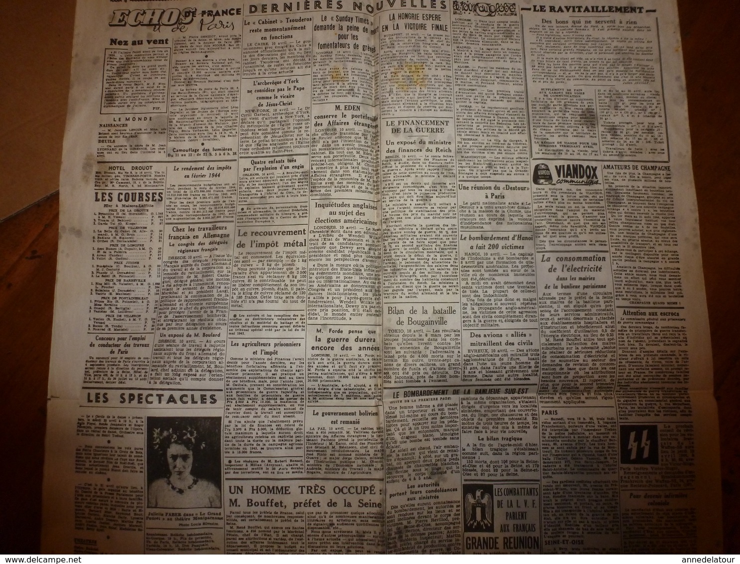 1944 le 11 avril :L'ECHO : La LVF est vitale pour la France; Paris bombardé par les anglo-américains;Odessa évacué; etc