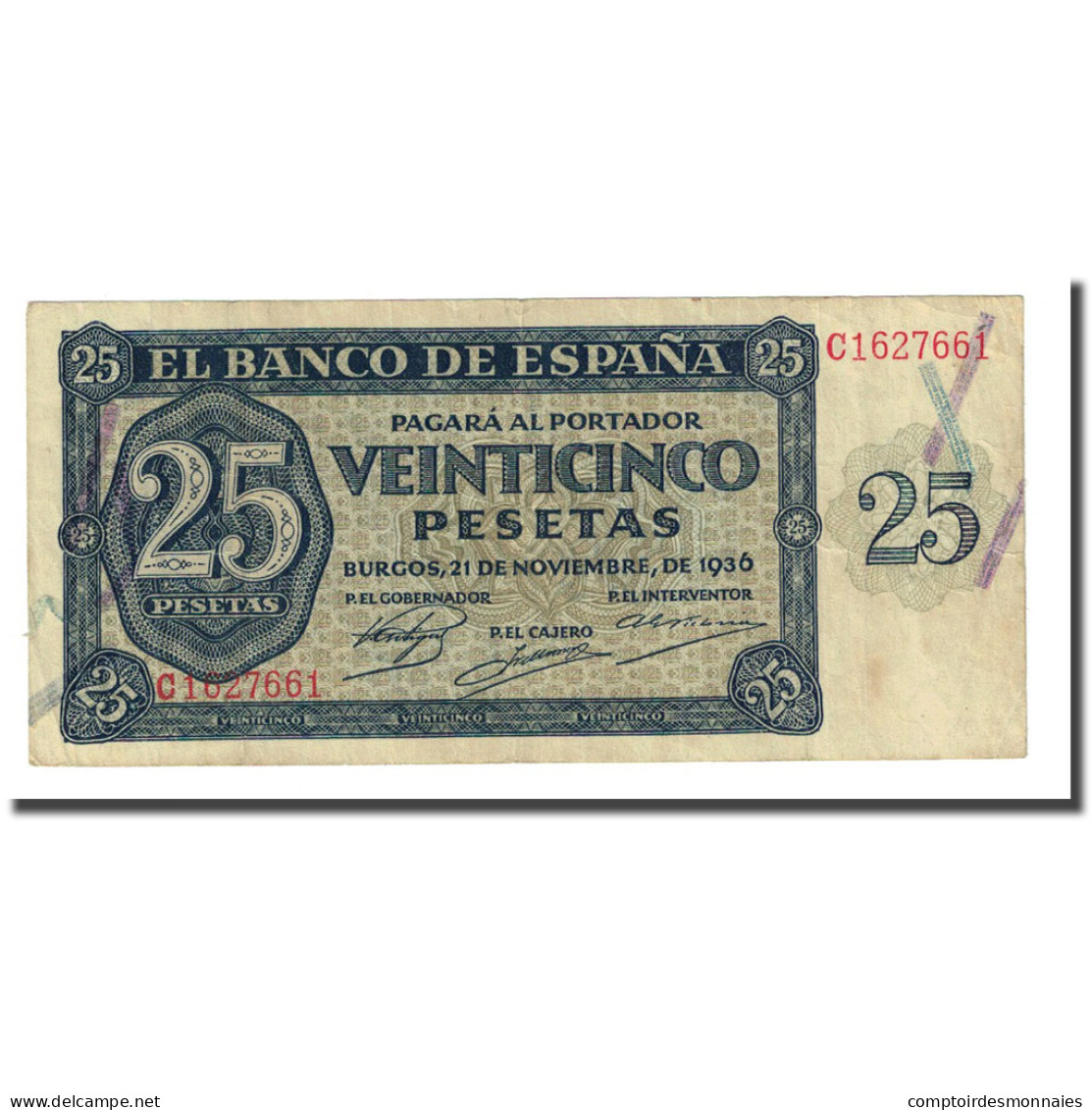 Billet, Espagne, 25 Pesetas, 1936-11-21, KM:99a, TTB+ - 25 Peseten