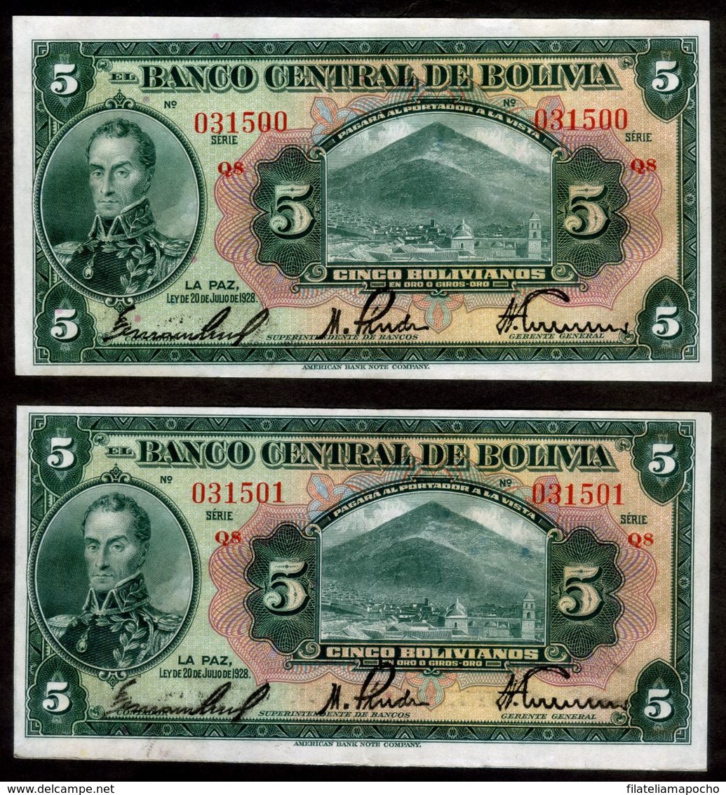 BOLIVIA BILLETES 1928; “5 BOLIVIANOS" –BANCO CENTRAL DE BOLIVIA. - Bolivië